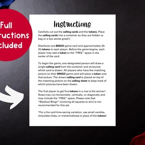 May include: A printed instruction sheet for a Bingo game, with the title "Instructions" in a black font. A red circle with the text "Full Instructions Included" is in the upper left corner. The background is black with red and blue accents.