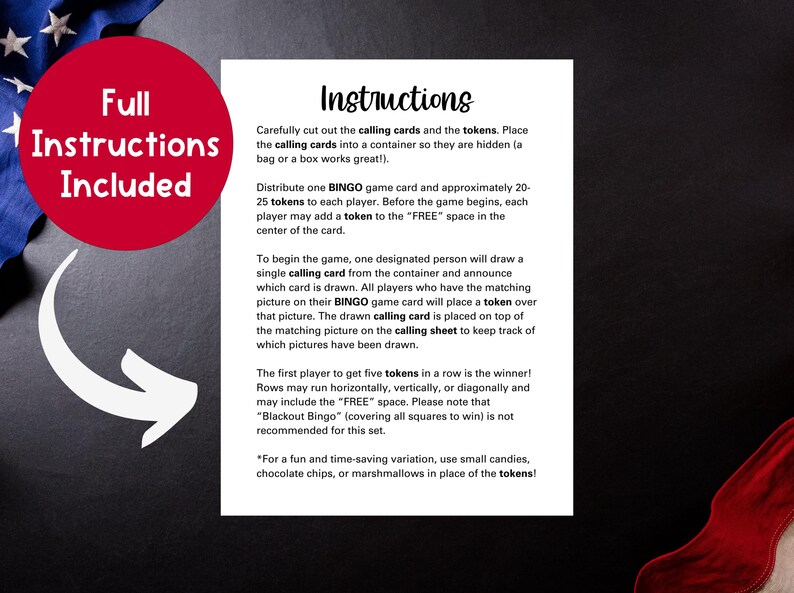 May include: A printed instruction sheet for a Bingo game, with the title "Instructions" in a black font. A red circle with the text "Full Instructions Included" is in the upper left corner. The background is black with red and blue accents.