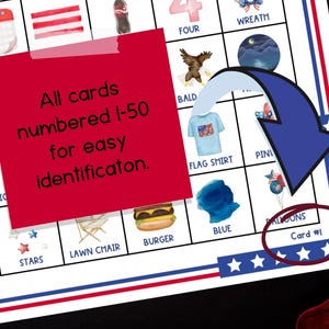 May include: A patriotic bingo card with red, white, and blue borders. The card features illustrations of a flag shirt, a burger, and a July calendar. Text on the card reads "All cards numbered 1-50 for easy identification."