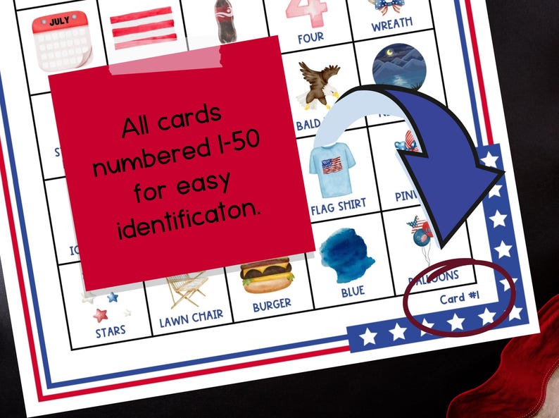 May include: A patriotic bingo card with red, white, and blue borders. The card features illustrations of a flag shirt, a burger, and a July calendar. Text on the card reads "All cards numbered 1-50 for easy identification."