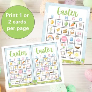 May include: Two printable Easter Bingo cards with a light blue background and colorful illustrations of Easter-themed items. The cards have the text "Easter Bingo" at the top and include squares with images of a yellow egg, candy, green egg, carrot, lamb, chicks, carrot cake, basket, bunny ears, rainbow, free space, blue egg, hat, flowers, wreath, egg hunt sign, nest, sunshine, and more.
