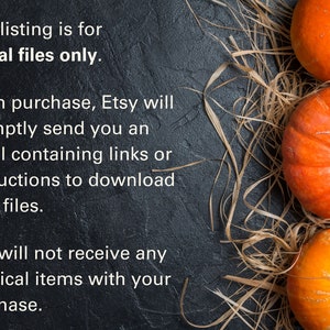 K&ouml;nnte beinhalten: Text auf schwarzem Hintergrund mit drei orangefarbenen K&uuml;rbissen. Der Text lautet: "Diese Anzeige ist f&uuml;r digitale Dateien. Nach dem Kauf sendet Etsy Ihnen umgehend eine E-Mail mit Links oder Anweisungen zum Herunterladen Ihrer Dateien. Sie erhalten keine physischen Artikel mit Ihrem Kauf."