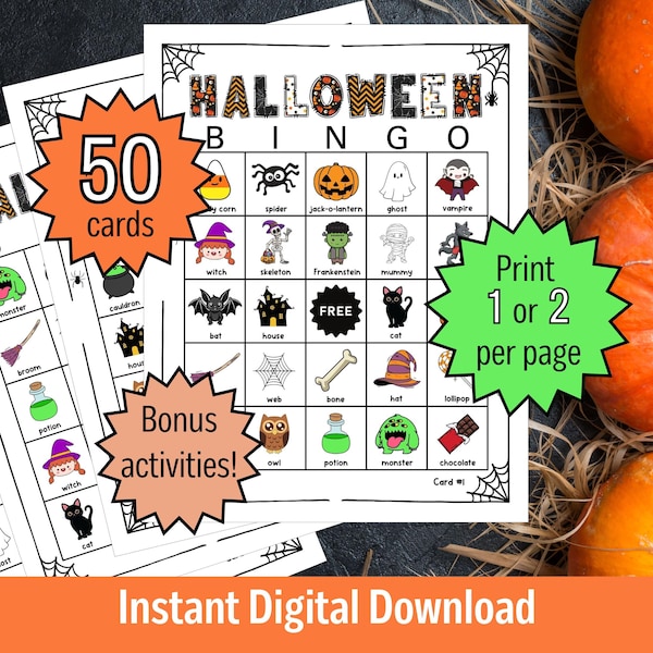 Halloween BINGO Digital, Halloween Games for Kids, Halloween Classroom Party Game, Family Halloween Activities, Printable Prefilled BINGO