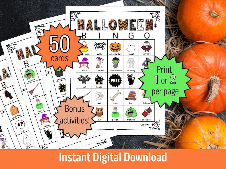 Halloween BINGO Digital, Halloween-Spiele für Kinder, Halloween-Klassenzimmer-Partyspiel, Familien-Halloween-Aktivitäten, druckbares, vorgefülltes BINGO Bild 1