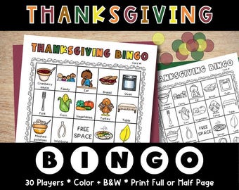 May include: Black and white printable Thanksgiving Bingo cards with images of a turkey, corn, mashed potatoes, cranberry sauce, a wishbone, a fork, a table, a family, a plate of food, an oven, and the text "Free Space".
