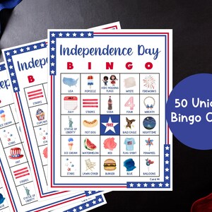 May include: Independence Day Bingo cards with red, white, and blue borders. The cards feature patriotic images like flags, fireworks, and the Statue of Liberty. The text on the cards reads "Independence Day Bingo" and "50 Unique Bingo Cards".