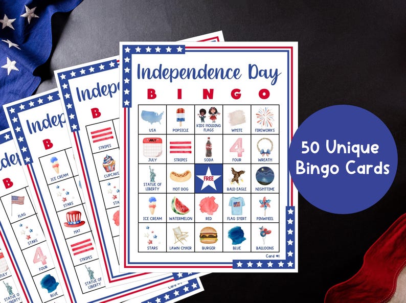 May include: Independence Day Bingo cards with red, white, and blue borders. The cards feature patriotic images like flags, fireworks, and the Statue of Liberty. The text on the cards reads "Independence Day Bingo" and "50 Unique Bingo Cards".