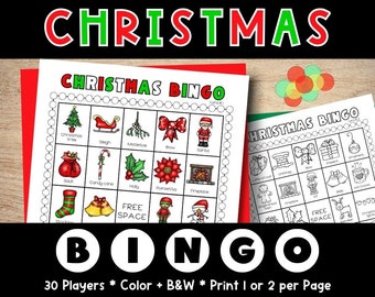 May include: A printable Christmas Bingo game with 30 cards. The cards feature images of traditional Christmas symbols like a Christmas tree, Santa Claus, a stocking, a candy cane, and a fireplace. The game is designed for players to mark off the images as they are called out.