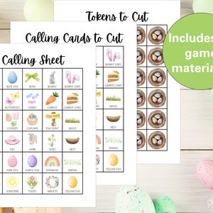 May include: Printable Easter game with a calling sheet, calling cards, and tokens to cut out. The calling sheet has a grid of 25 squares with images of Easter-themed items like bunnies, eggs, and carrots. The calling cards have individual images of the items on the calling sheet. The tokens are small circles with the same images as the calling cards.
