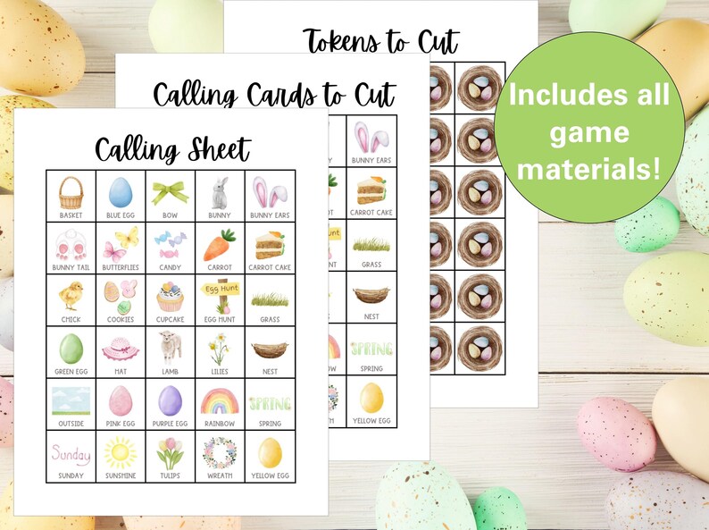 May include: Printable Easter game with a calling sheet, calling cards, and tokens to cut out. The calling sheet has a grid of 25 squares with images of Easter-themed items like bunnies, eggs, and carrots. The calling cards have individual images of the items on the calling sheet. The tokens are small circles with the same images as the calling cards.