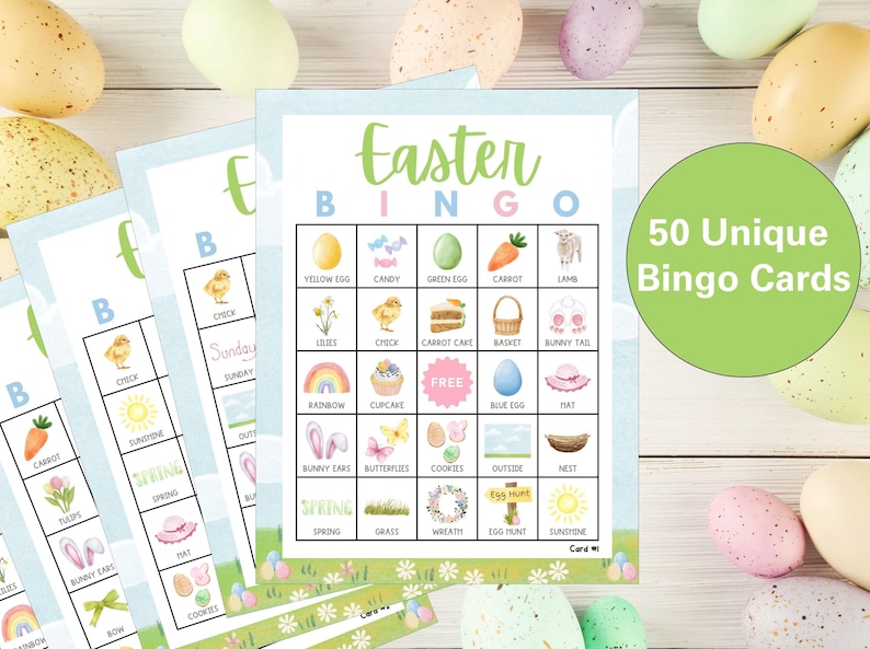 May include: A set of 50 unique Easter Bingo cards with a blue and white background. Each card has a 5x5 grid with images of Easter-themed items like chicks, carrots, eggs, and bunnies. The text "Easter Bingo" is at the top of the card.