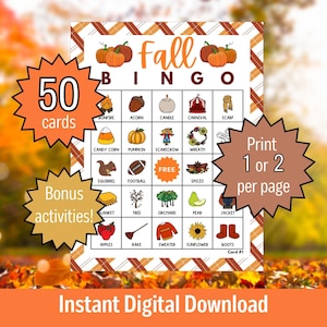 BINGO numérique d'automne, Jeux d'automne pour enfants, Jeu de fête d'automne pour la classe, Activités d'automne en famille, BINGO prérempli imprimable, Amusements d'automne en intérieur