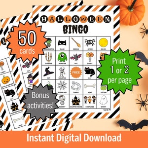 Könnte beinhalten: Ein druckbares Halloween-Bingo-Spiel mit 50 Karten. Das Spiel zeigt eine Vielzahl von Halloween-Motiven, darunter eine Hexe, ein Geist, ein Kürbis, eine Fledermaus, eine Spinne, ein Skelett, ein Monster, ein Spukhaus und ein Kessel. Der Text "1 oder 2 pro Seite drucken" ist ebenfalls auf dem Bild enthalten.