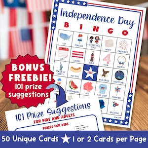 May include: Independence Day Bingo game card with red, white, and blue borders. The card features illustrations of American symbols like the Statue of Liberty, hot dogs, and fireworks. Includes a bonus freebie with prize suggestions.