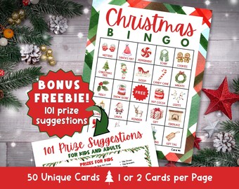 Peut inclure: Un jeu de bingo de Noël imprimable avec 50 cartes uniques. Le plateau de jeu présente un fond à carreaux rouge et vert avec des illustrations à l'aquarelle d'icônes de Noël comme un sapin de Noël, le Père Noël, un renne et une canne en sucre. Le texte "Christmas Bingo" est en lettres rouges et blanches. Le jeu comprend 101 suggestions de prix pour les enfants et les adultes.