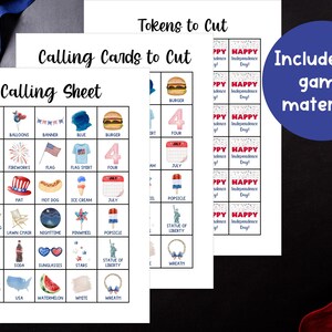 May include: A set of printable game materials for a patriotic-themed game. The image shows calling sheets, tokens, and cards with illustrations of American symbols like flags, burgers, and fireworks. Includes all game materials.