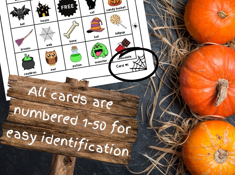 K&ouml;nnte beinhalten: Eine Halloween-Bingo-Karte mit Bildern von einer Fledermaus, einem Haus, einer Katze, einem Bonbon-Eimer, einem Besen, einem Spinnennetz, einem Knochen, einem Hut, einem Lollipop, einem Kessel, einer Eule, einem Zaubertrank, einem Monster und Schokolade. Die Karte ist mit "Karte Nr. 1" beschriftet.