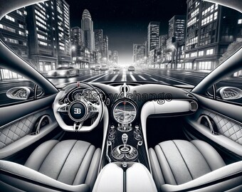 BugattiInterior, LuxuryDrive, NightDriveExperience, MonochromeCityscape, HighEndAutomobile, DriverView, ExoticCar, SportscarLuxury.
