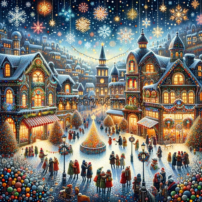 Winter Holiday Art, Christmas Town Scene, New Year Celebration Print ...