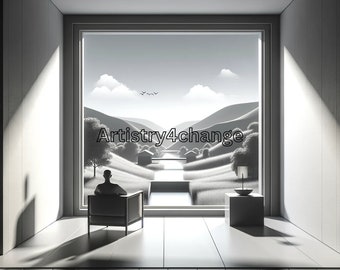 Minimalist Art, 3D Immersive Illustration, Modern Room, Panoramic View, Geometric Landscape, Monochrome Design, Tranquil Scene