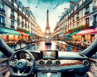 LuxuryCarParis, EiffelTowerDrive, WatercolorCoupe, ParisStreetsArt, ElegantCarArt, FrenchCapitalDrive, LuxuryAutomobile, ParisLandmarks