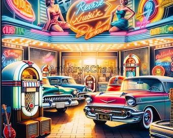 Vintage Diner Art, Retro Scene Poster, 1950s Nostalgia Print, Classic Cars Illustration, Neon Sign Artwork, Mid-Century Decor