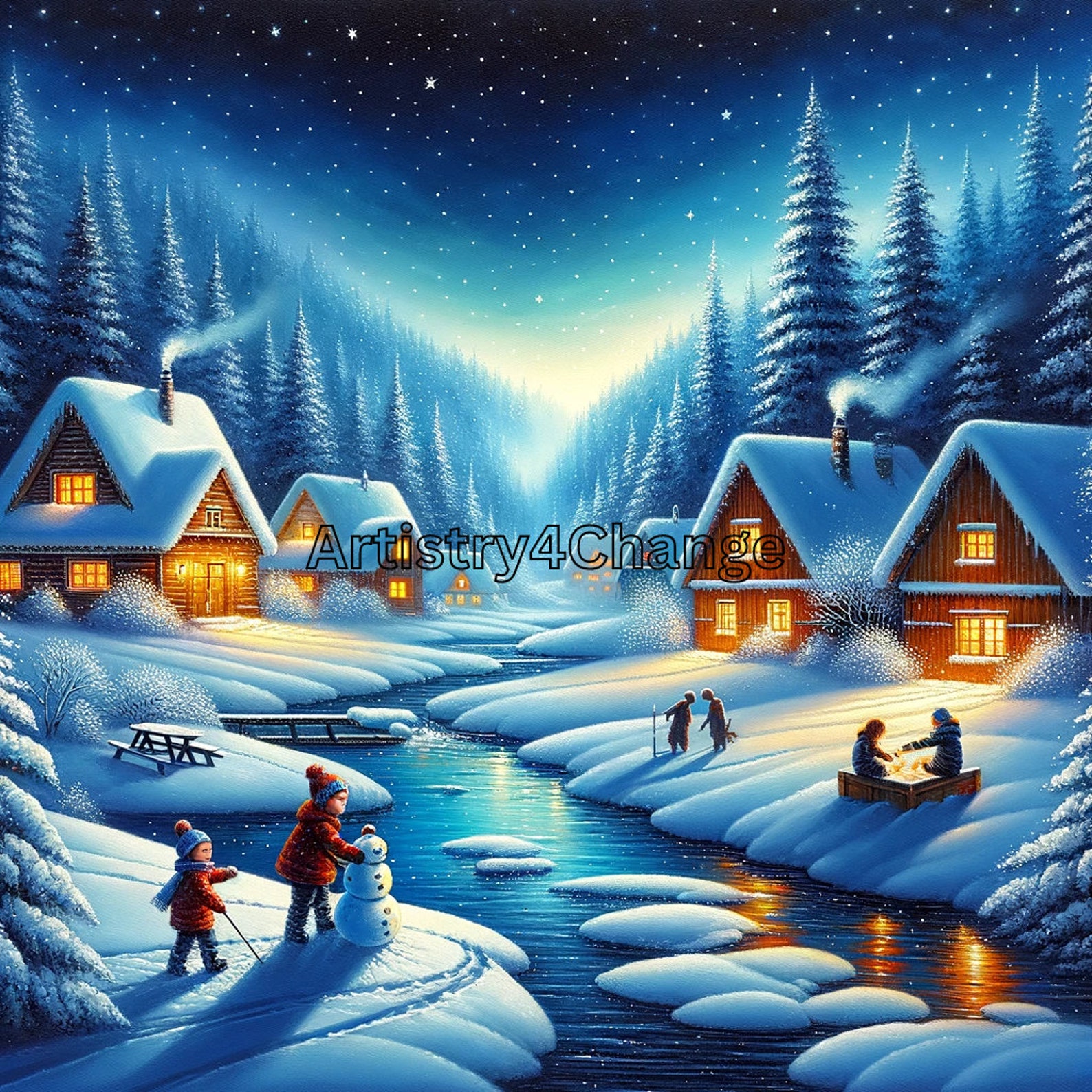 Winter Village Art, Serene Snowscape, Cozy Cottage Decor, Playful ...