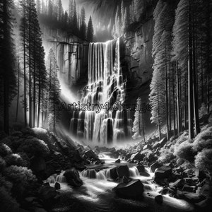Majestic Waterfall Art, Monochrome Nature Scene, Black & White Waterfall Print, Dramatic Landscape Artwork, Serene Forest Illustration