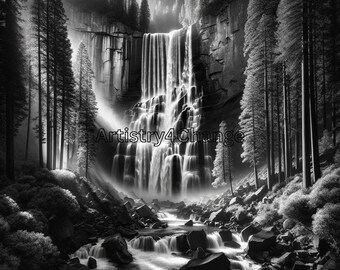 Majestic Waterfall Art, Monochrome Nature Scene, Black & White Waterfall Print, Dramatic Landscape Artwork, Serene Forest Illustration