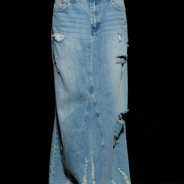 Alaina Distressed Denim Maxi Skirt - Long Jean Skirt - Jean Maxi Skirt