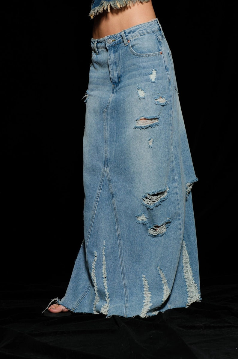 Darla Cutting Ties Heavily Distressed Denim Maxi Skirt