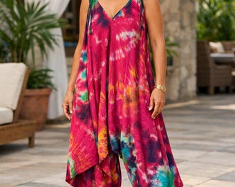 Tie Dye Jumpsuit Shoulder Ties Red