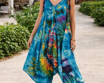 Tie Dye Jumpsuit Shoulder Ties Turquoise