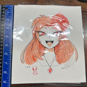 May include: A watercolor illustration of a smiling anime-style character with red hair and eyes, adorned with a red flower and a pendant. The artwork is signed "Leng The Moon Bun" and dated 1-09-26. The image is approximately 8 inches tall.