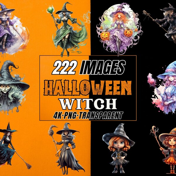 222 Halloween Witch Clipart | Spooky PNG Graphics for Bewitching Decor and Craft Projects, Paper craft Junk Journal, Scrapbooking