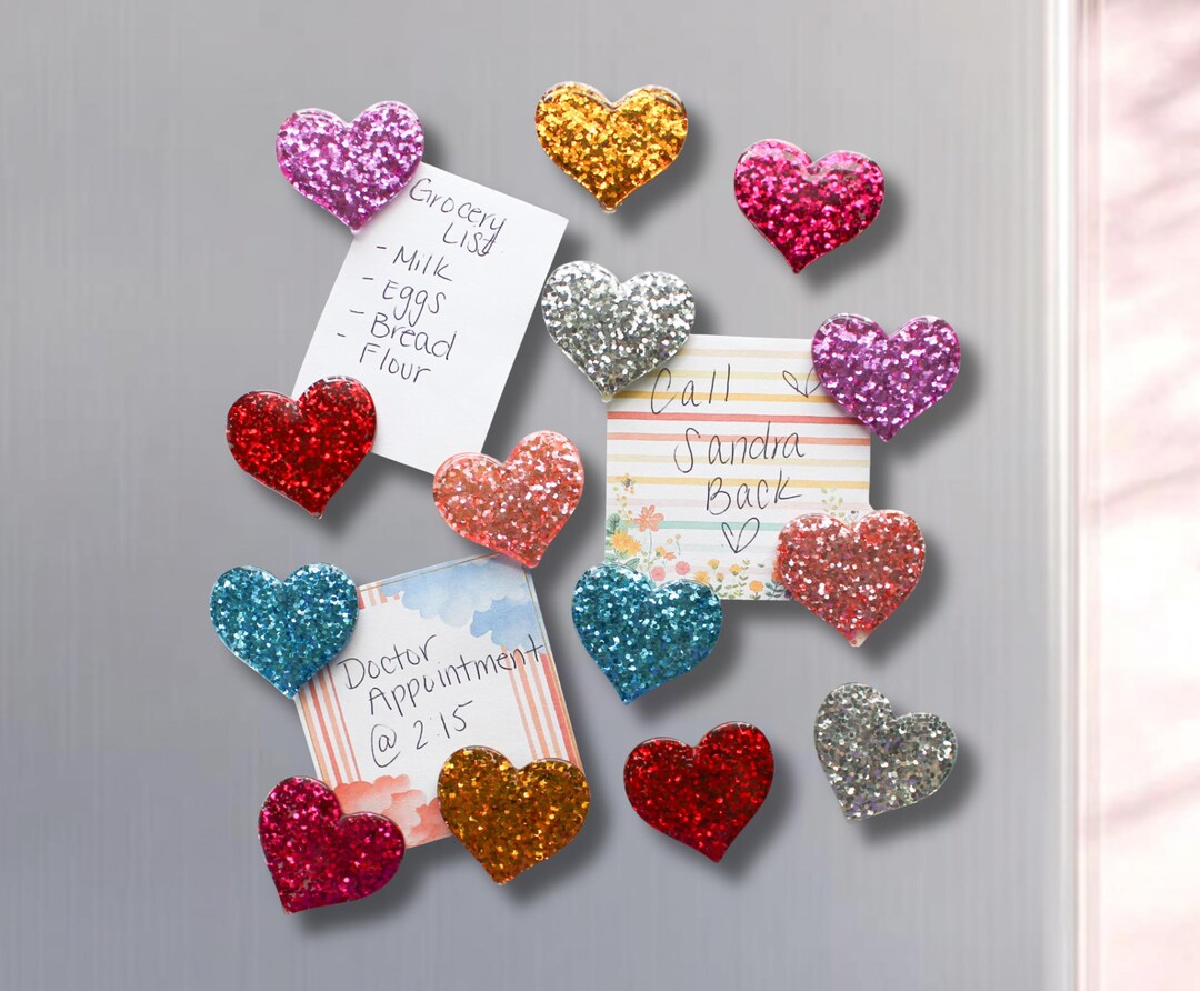 Rainbow Glitter Heart Magnets Set of 14, Sparkly Resin Fridge Magnets ...