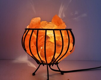 Himalayan Pink Salt Metal Basket Round with Natural Salt Chunks, with Dimmer Switch and Extra Bulb.(9 inches, 8.5 lbs.)