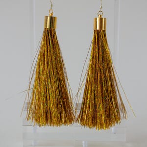 Gold Tinsel Tassel Earrings: 18K Gold Hooks, Holiday Sparkle