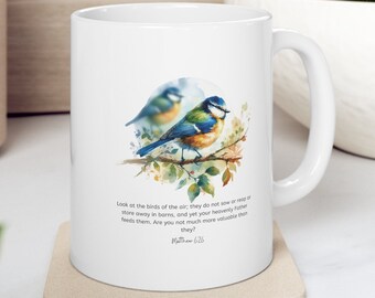 Tazza da caffè in ceramica cristiana, versetto biblico con uccelli, regalo religioso