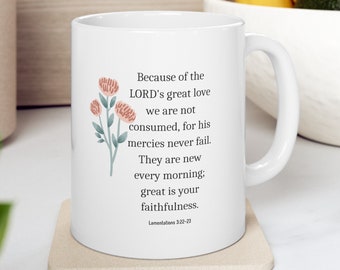 Christian Coffee Mug: Bible Verse, Minimalist Flower Design