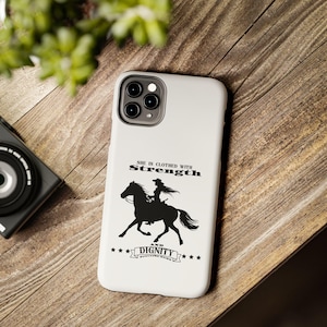 Western Christian Phone Case, Bible Verse with Horse Phone Case, She is Clothed, Cowgirl Phone Cover with Scripture, Proverbs 31:25, Gift