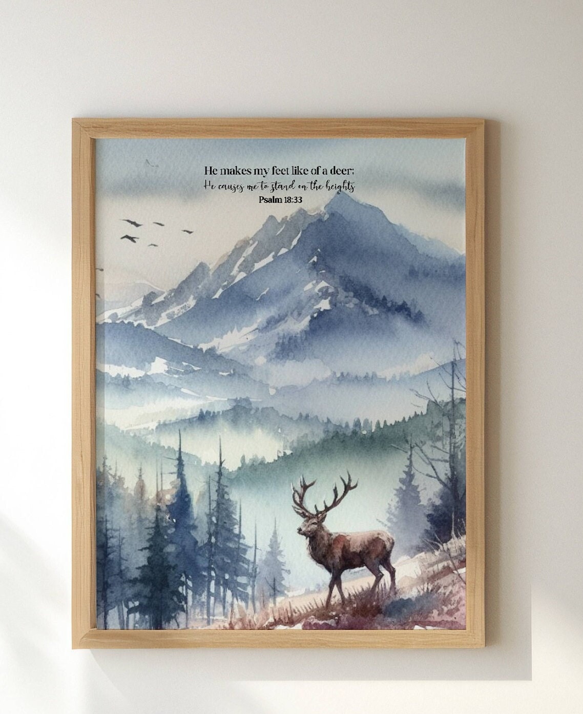 Christliche digitale Wandkunst, Glaube Printables, Psalm 18:33 Bibel-Vers-Download, Aquarell Berg Rotwild Druck-Plakat, religiöses Hauptgeschenk