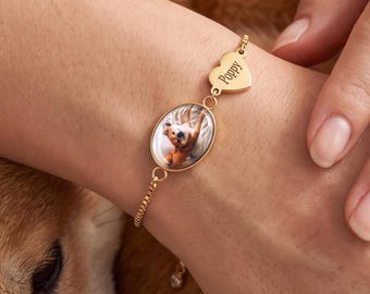 Personalised Pet Photo Bracelet, Custom Dog Cat Name Keepsake, Gold Silver Rose Gold