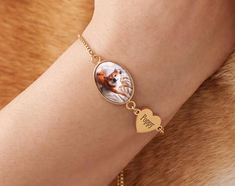 Personalised Pet Photo Bracelet, Custom Dog Cat Name Keepsake, Gold Silver Rose Gold