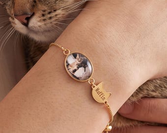 Personalised Pet Photo Bracelet, Custom Dog Cat Name Keepsake, Gold Silver Rose Gold