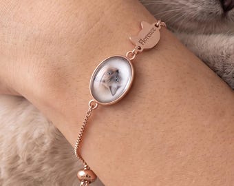 Personalised Pet Photo Bracelet, Custom Dog Cat Name Keepsake, Gold Silver Rose Gold