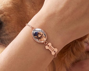 Personalised Pet Photo Bracelet, Custom Dog Cat Name Keepsake, Gold Silver Rose Gold