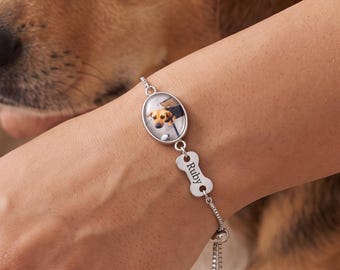 Personalised Pet Photo Bracelet, Custom Dog Cat Name Keepsake, Gold Silver Rose Gold