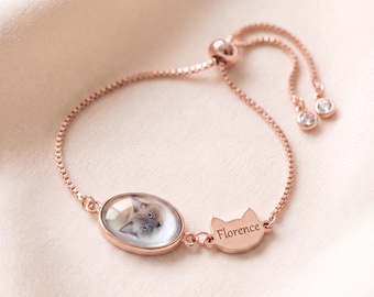 Personalised Pet Photo Bracelet, Custom Dog Cat Name Keepsake, Gold Silver Rose Gold