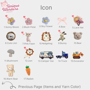 Pu&ograve; includere: Una collezione di icone fatte a mano, tra cui un fiore, un fiocco e forme di animali come un leone, un orso e un coniglio. Il testo "Unique Wonders Handmade" e "Icon" sono visualizzati. Le icone sono numerate e nominate.